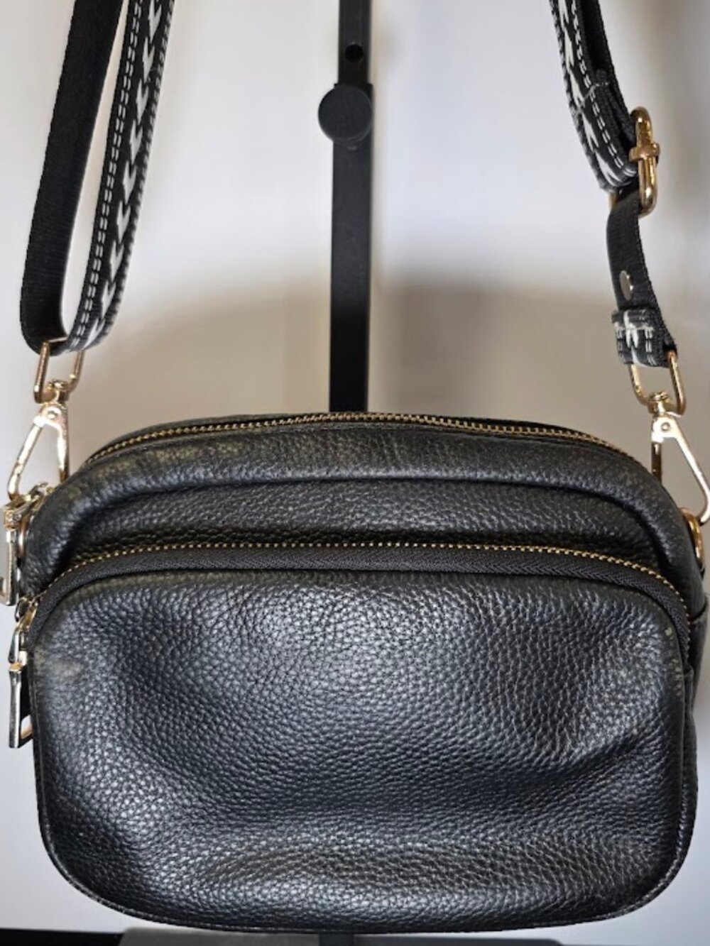 Pom Pom London Original Black Pebbled Leather Crossbody Bag